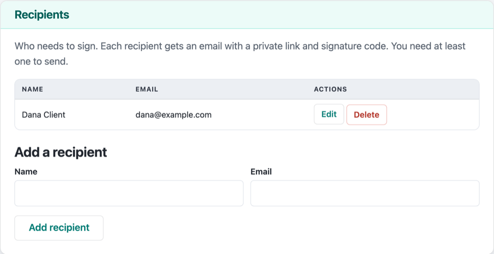 The Recipients card: each signer's name and email, with an add-recipient form