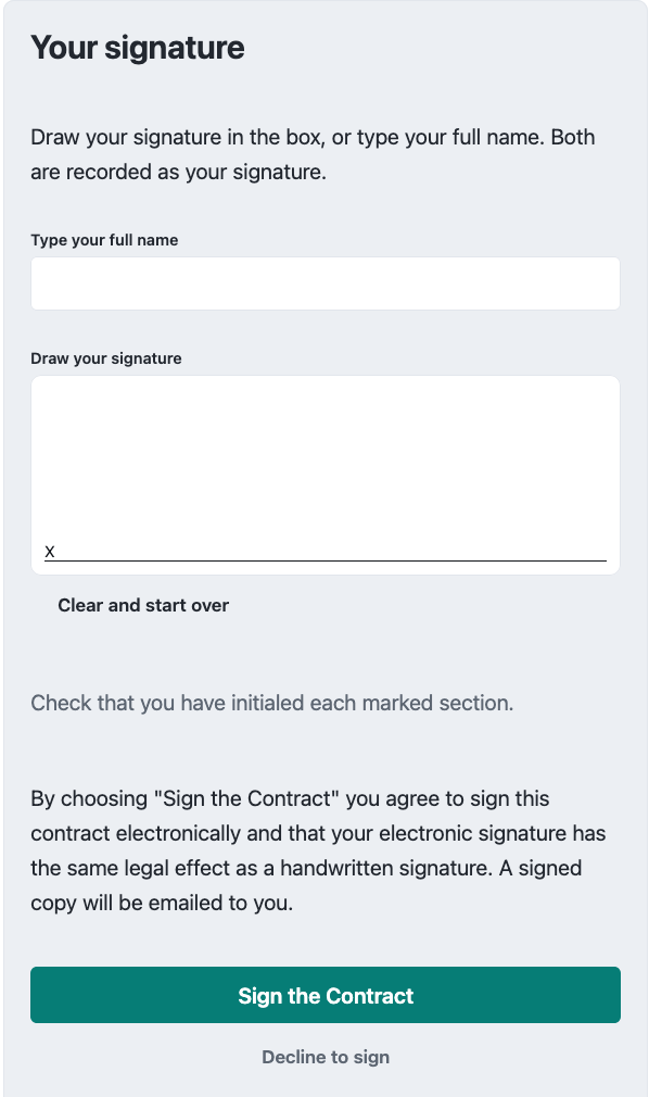 The signing page: type your name or draw your signature, then choose Sign the Contract